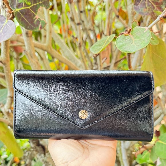 Michael Kors Jet Set Travel Large Envelope Continental Wallet Patent Black - Picture 1 of 9